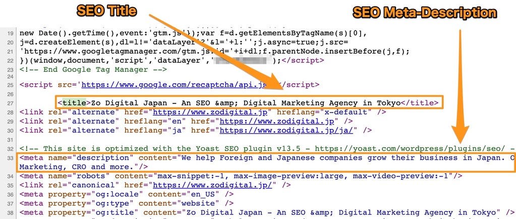 Example of SEO Title And Meta-Description in HTML source